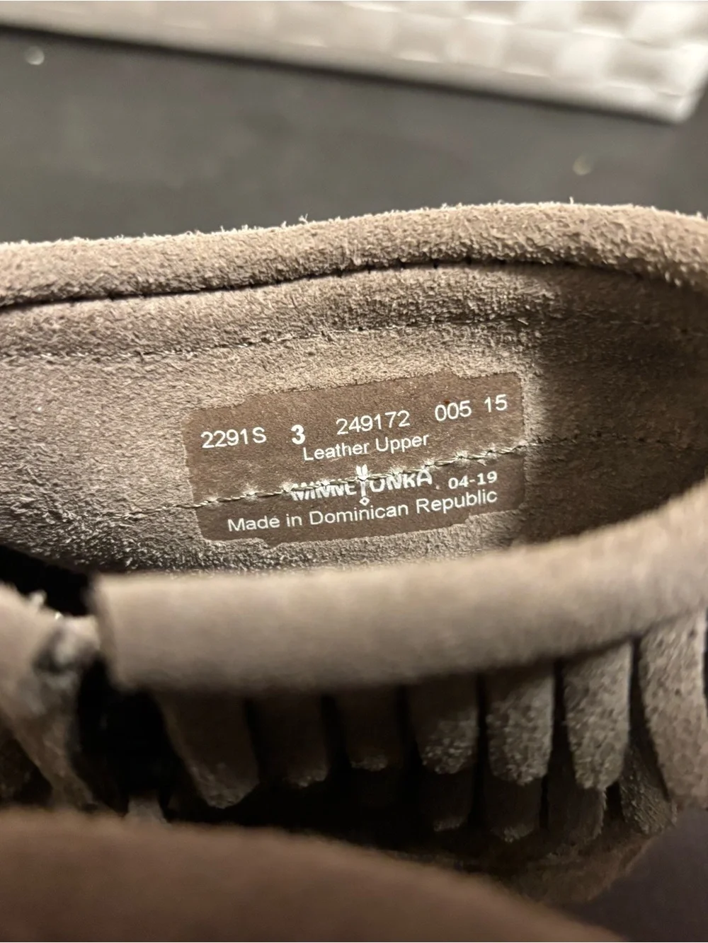 Minnetonka Kids Suede Fringe Moccasins - Taupe